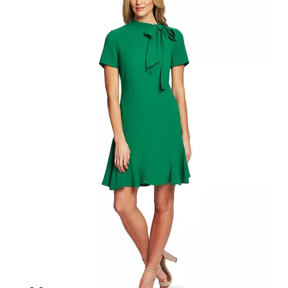 CeCe NWT Women's Lush Green Essentials A-Line Bow Neck Dress Size 4 - Picture 1 of 7